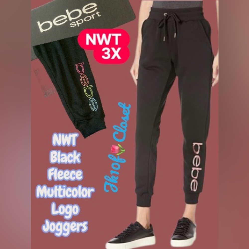 LOWEST🌺 NWT BEBE SPORT BLACK FLEECE MULTICOLOR LOGO JOGGER PANTS - Picture 13 of 13